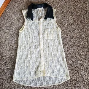 **Sleeveless Lace Button Down w/ Faux Leather Collar